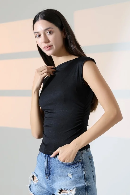 21895  KADIN KAYIK YAKA MİKRO JAPONE  KOL YANLARI BÜZGÜLÜ  TSHIRT 