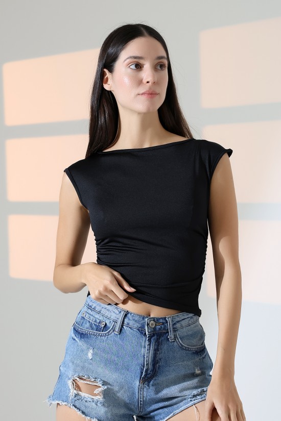 21895  KADIN KAYIK YAKA MİKRO JAPONE  KOL YANLARI BÜZGÜLÜ  TSHIRT 