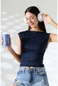 21895  KADIN KAYIK YAKA MİKRO JAPONE  KOL YANLARI BÜZGÜLÜ  TSHIRT 