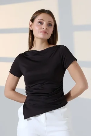 22027  KADIN TULUMKAYIK YAKA MİKRO KISA KOL SOLYANI BÜZGÜLÜ SAĞYANI YIRTMAÇLI TSHIRT 