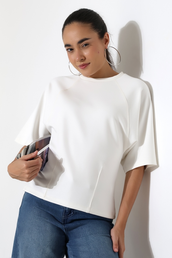 22152  KADIN SALAŞ REGLAN YARIM KOL ÖN VE ARKA BEDEN DİKEY PENSLİ BİSİKLET YAKA DOUBLEFAE YUMUŞAK DOKU  TSHIRT 