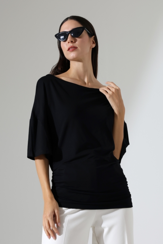 22273 KADIN KAYIK YAKA VORTFULL LYCVSK KISA KOL YARASA KESİM KISAKOL YANLARI BÜZGÜLÜ TSHIRT 