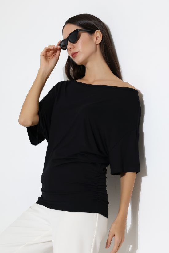 22273 KADIN KAYIK YAKA VORTFULL LYCVSK KISA KOL YARASA KESİM KISAKOL YANLARI BÜZGÜLÜ TSHIRT 