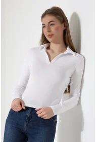 21938 KADIN FULLLYC RİBANA UZUN KOL KOL GÖMLEK YAKA PATLI UZUN KOL TSHIRT
