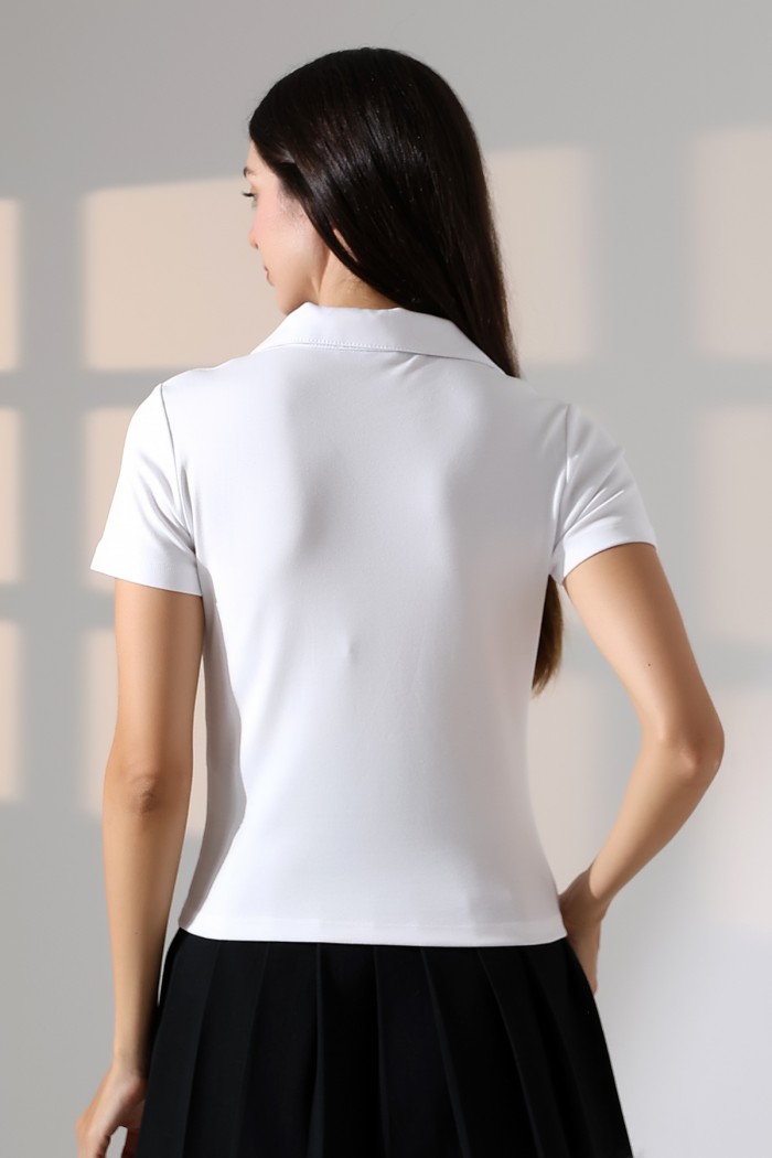 22023 KADIN FULL LYC RİBANA GÖMLEK YAKA PATLI KISA KOL TSHIRT