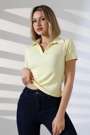 22023 KADIN FULL LYC RİBANA GÖMLEK YAKA PATLI KISA KOL TSHIRT