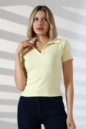 22023 KADIN FULL LYC RİBANA GÖMLEK YAKA PATLI KISA KOL TSHIRT