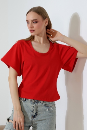 22295 KADIN KOMPAKT LYC SÜPR. YARIM GENİŞ KOLUCU BİYELİ OVAL U YAKA TSHIRT 