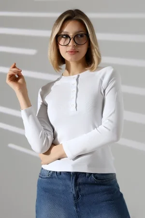 22025  KADIN KARYOKALI REGLAN UZUN KOL UZUN PATLI 5 FÜĞMELİ  FULL LYC RİBANA TSHIRT 