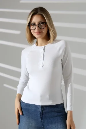 22025  KADIN KARYOKALI REGLAN UZUN KOL UZUN PATLI 5 FÜĞMELİ  FULL LYC RİBANA TSHIRT 