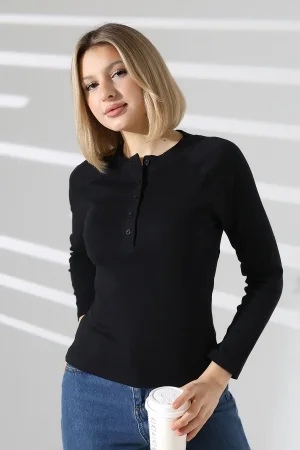 22025  KADIN KARYOKALI REGLAN UZUN KOL UZUN PATLI 5 FÜĞMELİ  FULL LYC RİBANA TSHIRT 