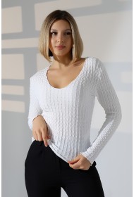 22111 KADIN JAKARLI VİYANA UZUN KOL V YAKA TSHIRT
