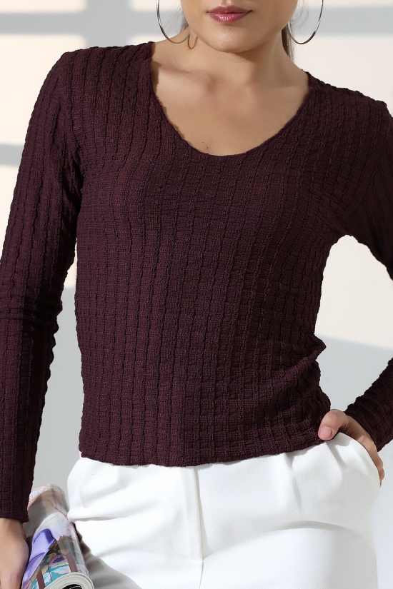 22111 KADIN JAKARLI VİYANA UZUN KOL V YAKA TSHIRT