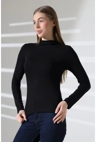 21950 KADIN KENDİLİĞİNDEN DİK YAKA  FULL LYC VİSK RİBANA UZUN KOL TSHIRT 