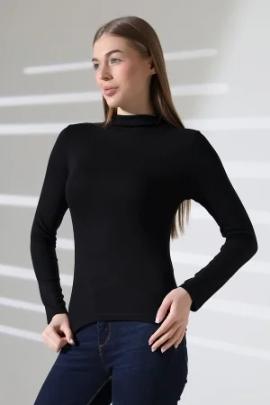 21950 KADIN KENDİLİĞİNDEN DİK YAKA  FULL LYC VİSK RİBANA UZUN KOL TSHIRT 