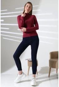 21950 KADIN KENDİLİĞİNDEN DİK YAKA  FULL LYC VİSK RİBANA UZUN KOL TSHIRT 