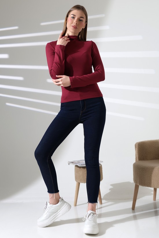 21950 KADIN KENDİLİĞİNDEN DİK YAKA  FULL LYC VİSK RİBANA UZUN KOL TSHIRT 