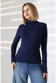 21950 KADIN KENDİLİĞİNDEN DİK YAKA  FULL LYC VİSK RİBANA UZUN KOL TSHIRT 