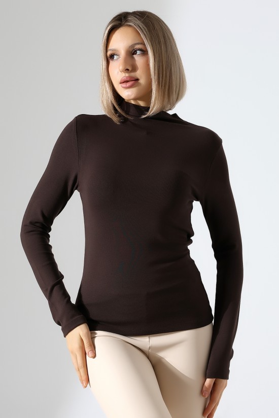 21950 KADIN KENDİLİĞİNDEN DİK YAKA  FULL LYC VİSK RİBANA UZUN KOL TSHIRT 