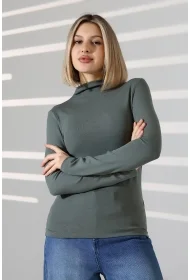 21950 KADIN KENDİLİĞİNDEN DİK YAKA  FULL LYC VİSK RİBANA UZUN KOL TSHIRT 