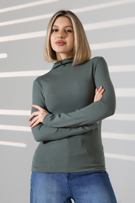 21950 KADIN KENDİLİĞİNDEN DİK YAKA  FULL LYC VİSK RİBANA UZUN KOL TSHIRT 