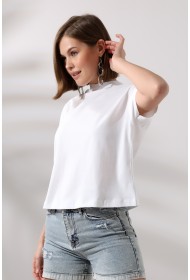 19588 KADIN DİK YAKA KISA KOLU BEDENDE PAMUKLU KISA TSHIRT