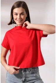 19588 KADIN DİK YAKA KISA KOLU BEDENDE PAMUKLU KISA TSHIRT