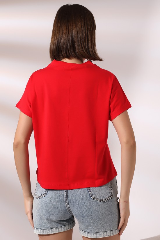 19588 BAYAN DİK YAKA KISA KOLU BEDENDE PAMUKLU KISA TSHIRT