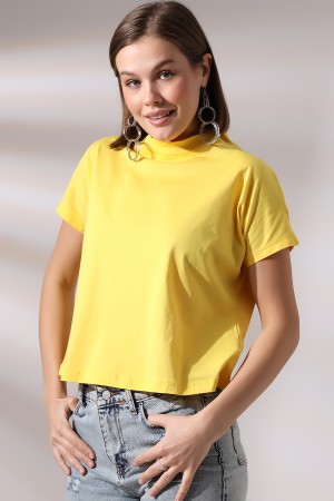 19588 KADIN DİK YAKA KISA KOLU BEDENDE PAMUKLU KISA TSHIRT
