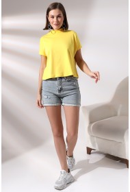 19588 KADIN DİK YAKA KISA KOLU BEDENDE PAMUKLU KISA TSHIRT