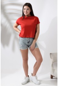 19588 KADIN DİK YAKA KISA KOLU BEDENDE PAMUKLU KISA TSHIRT