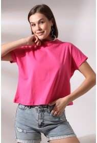 19588 KADIN DİK YAKA KISA KOLU BEDENDE PAMUKLU KISA TSHIRT
