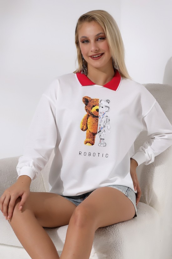 21183 ROBOT AYI BASK. BAYAN ÇİZGİLİ TRİKOBANT YAKALI OVERSİZE 2İP SALAŞ GENİŞ SWETSHIRT 21183 ROBOT AYI BASK. BAYAN ÇİZGİLİ TRİKOBANT YAKALI OVERSİZE 2İP SALAŞ GENİŞ SWETSHIRT