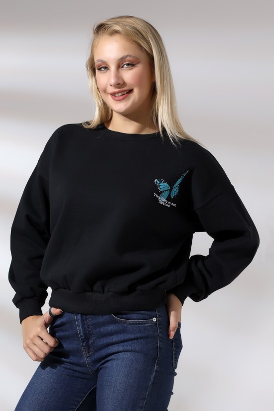 21384 KELEBEK ÖNÜ VE ARKASI BASK. BAYAN OVERSİZE  ŞARDONLU 2 İP SALAŞ GENİŞ SWETSHIRT