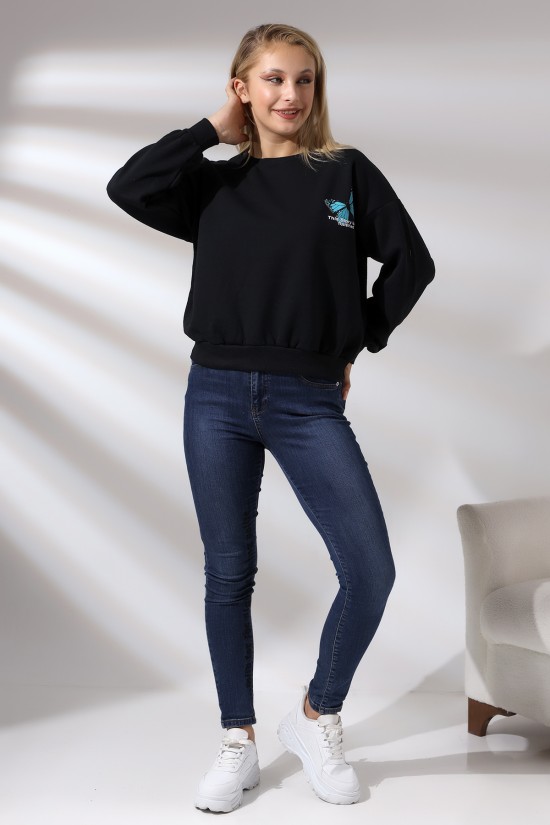 21384 KELEBEK ÖNÜ VE ARKASI BASK. BAYAN OVERSİZE  ŞARDONLU 2 İP SALAŞ GENİŞ SWETSHIRT