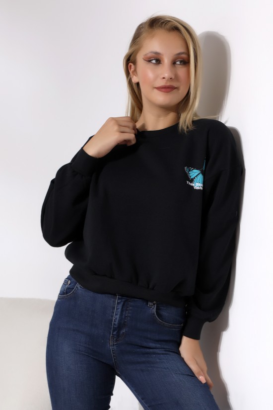 21384 KELEBEK ÖNÜ VE ARKASI BASK. BAYAN OVERSİZE  ŞARDONLU 2 İP SALAŞ GENİŞ SWETSHIRT