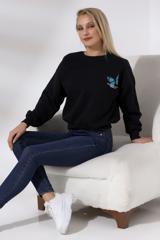 21384 KELEBEK ÖNÜ VE ARKASI BASK. BAYAN OVERSİZE  ŞARDONLU 2 İP SALAŞ GENİŞ SWETSHIRT