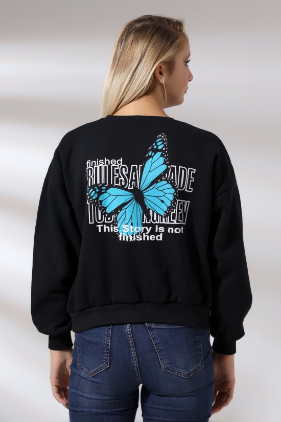 21384 KELEBEK ÖNÜ VE ARKASI BASK. BAYAN OVERSİZE  ŞARDONLU 2 İP SALAŞ GENİŞ SWETSHIRT