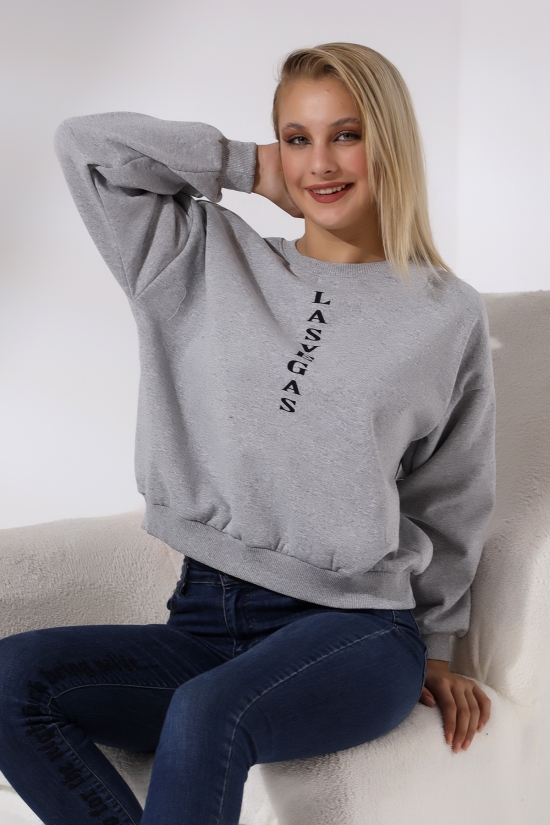 21502 LASVEGAS ÖNÜ DİKİNE BASK.ARKASIDA  BASK. BAYAN OVERSİZE  ŞARDONLU 2 İP SALAŞ GENİŞ SWETSHIRT