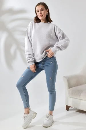 21616 KADIN 3 İP PENYE KOMPAKT ŞARDONLU OMUZLARI PARÇALI  BİSİKLET YAKA SALAŞ OVERSİZE SWEATSHIRT