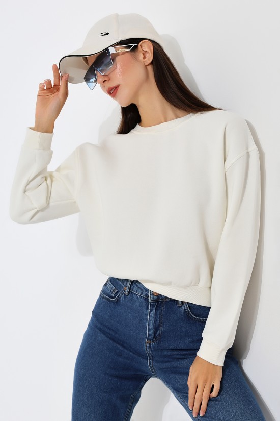 21614 KADIN 3 İP PENYE KOMPAKT ŞARDONLU GENİŞ VE KISA BİSİKLET YAKA SWEATSHIRT