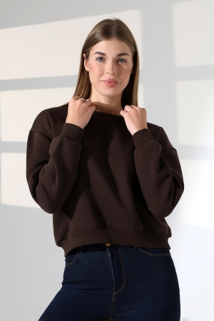 21614 KADIN 3 İP PENYE KOMPAKT ŞARDONLU GENİŞ VE KISA BİSİKLET YAKA SWEATSHIRT
