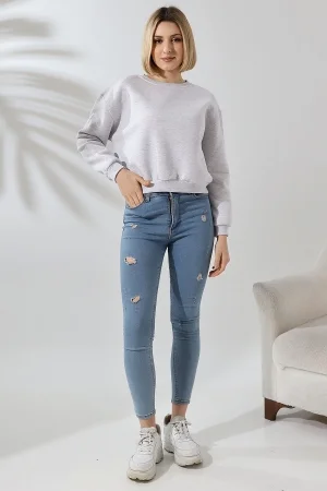 21614 KADIN 3 İP PENYE KOMPAKT ŞARDONLU GENİŞ VE KISA BİSİKLET YAKA SWEATSHIRT