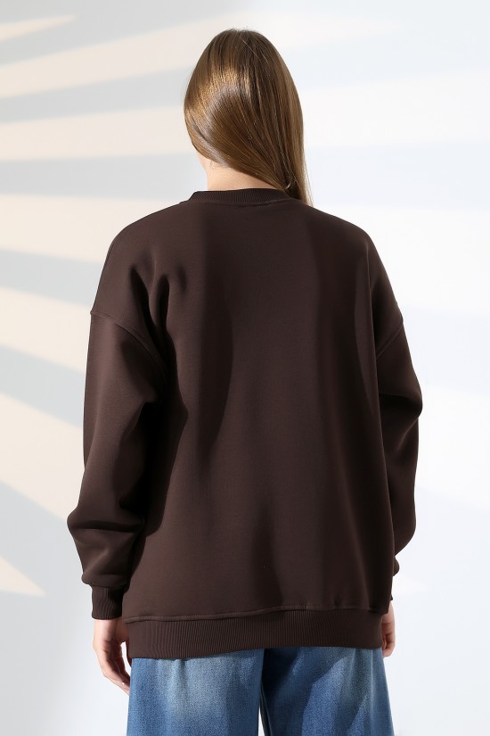 21620 KADIN 3 İP PENYE KOMPAKT ŞARDONLU  BİSİKLET YAKA SALAŞ OVERSİZE UZUN SWEATSHIRT