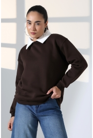 21985 KADIN 3 İP BİSİKLETVE GÖMLEK YAKALI SALAŞ GENİŞ SWEATSHIRT