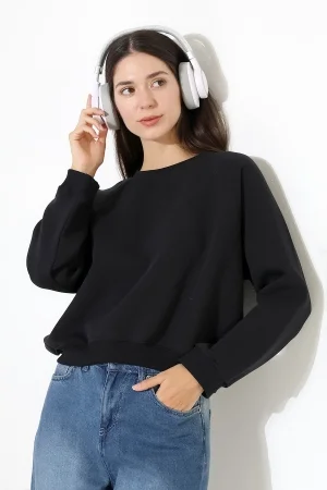 21973 KADIN 3 İP PENYE KOMPAKT ŞARDONLU KARYOKALI REGLAN KOL YANLARI KARYOKALI PARÇALI GENİŞ  BİSİKLET YAKA SWEATSHIRT