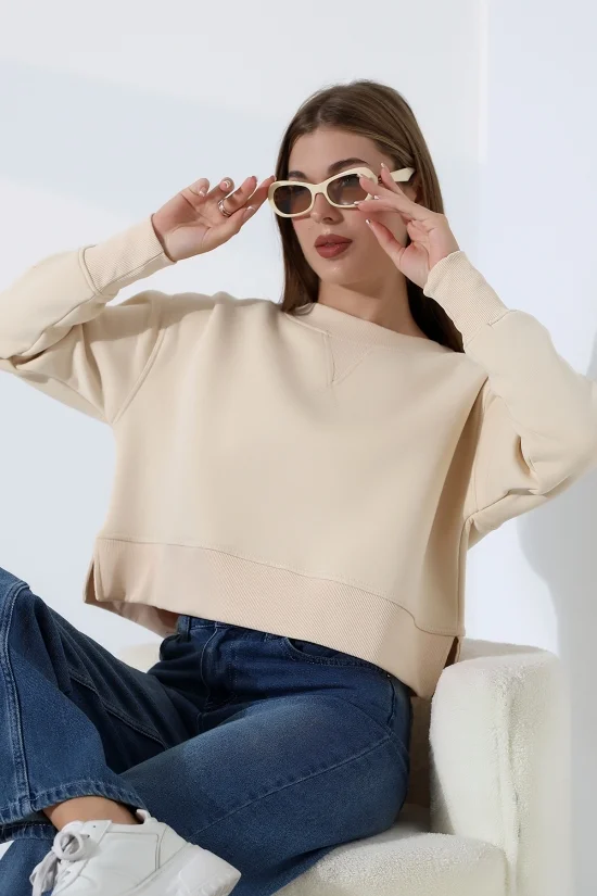 21925 KADIN 3 İP PENYE KOMPAKT ŞARDONLU YÜKSEK KAŞG YAKA ALTI ÜÇGEN  KARYOKALI  YANLARI YIRTMAÇLI I GENİŞ   SWEATSHIRT