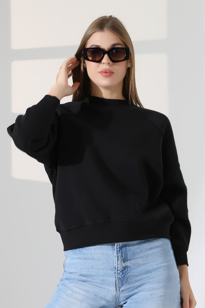 21970 KADIN 3 İP PENYE KOMPAKT ŞARDONLU REGLAN KOL KOLLARI KAŞGORE PARÇALI DİK  BİSİKLET YAKA SWEATSHIRT