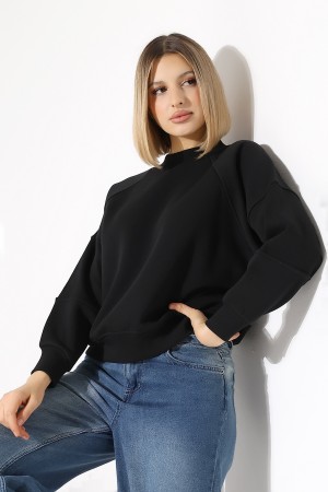 21970 KADIN 3 İP PENYE KOMPAKT ŞARDONLU REGLAN KOL KOLLARI KAŞGORE PARÇALI DİK  BİSİKLET YAKA SWEATSHIRT