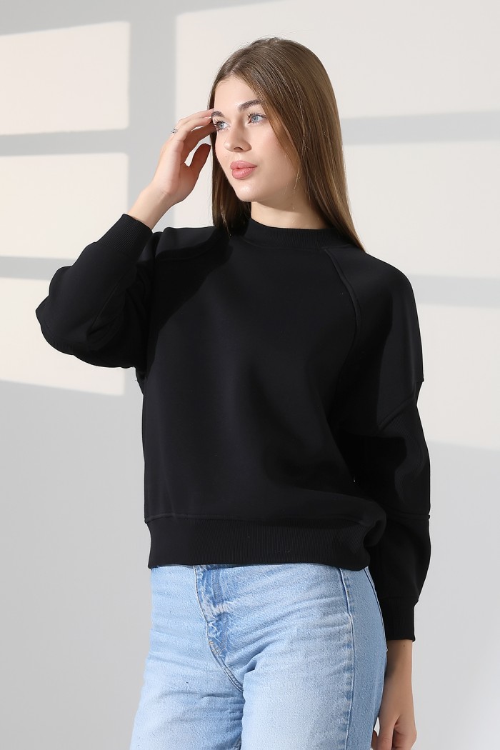 21970 KADIN 3 İP PENYE KOMPAKT ŞARDONLU REGLAN KOL KOLLARI KAŞGORE PARÇALI DİK  BİSİKLET YAKA SWEATSHIRT